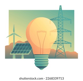 Renewable energy sources innovations - Sustainable development. Lightbulb, wind turbines and powerline with idea lamp