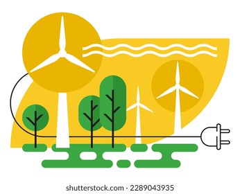 Renewable energy sources innovations - Sustainable development. Wind turbines and power plug in abstract pattern