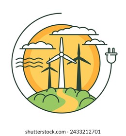 Renewable energy sources innovations - Sustainable development. Wind turbines and power plug. Abstract green geometric pattern in bold aesthetic