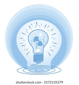 Renewable energy sources in a light bulb graph. It features solar panels, wind turbines, and trees that symbolize sustainability. Save energy for environment conservation concept.