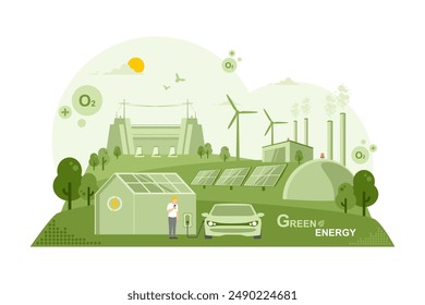 Renewable energy sources and net zero emission concept, Caring for the environment and using clean green energy, Electric vehicle Technology, Wind power generator and Photovoltaics system industrial.