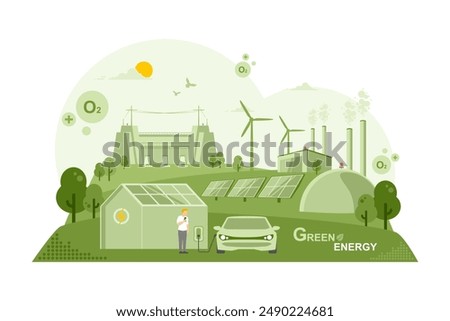 Renewable energy sources and net zero emission concept, Caring for the environment and using clean green energy, Electric vehicle Technology, Wind power generator and Photovoltaics system industrial.