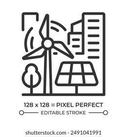 Renewable energy sources pixel perfect linear icon. Green city, solar power. Eco care architecture. Urban cityscape. Thin line illustration. Contour symbol. Vector outline drawing. Editable stroke