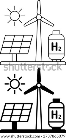 Renewable Energy Sources: Solar Panel, Wind Turbine, and Hydrogen Storage; Clean Energy: Solar Panel, Wind Turbine, Hydrogen, H₂ Storage, Fuel Cell.