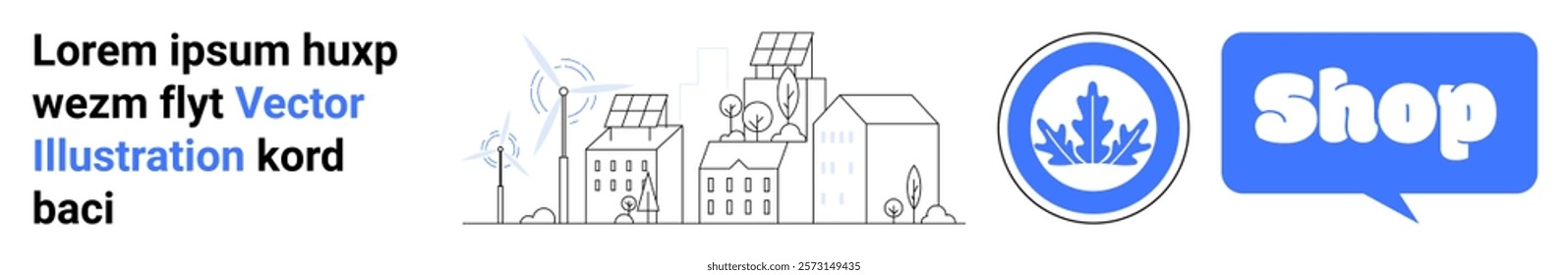 Renewable energy sources with solar panels and wind turbines above buildings beside a blue shopping button. Ideal for sustainability, green energy, online shopping, eco-friendly practices, modern