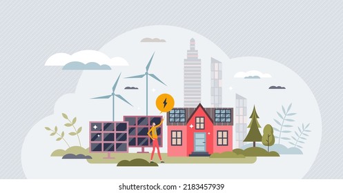 Renewable energy sources with solar or wind power tiny person concept. Electricity production from sun panels or turbines as nature friendly, sustainable and environmental solution vector