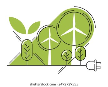 Strategie für erneuerbare Energiequellen - Nachhaltige Entwicklung. Windturbinen und Netzstecker. Abstraktes grünes geometrisches Muster in dünner Linie und grüner Füllung