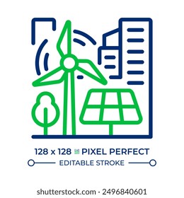 Renewable energy sources two color line icon. Green city, solar power. Eco care architecture. Urban cityscape bicolor outline symbol. Duotone linear pictogram. Isolated illustration. Editable stroke