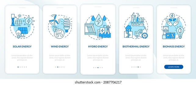 Renewable energy sources types onboarding mobile app page screen. Power walkthrough 5 steps graphic instructions with linear concepts. UI, UX, GUI template. Myriad Pro-Bold, Regular fonts used