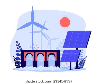 Renewable energy sources vector illustration. Solar power panels, wind turbines, hydroelectric dams as alternatives to fossil fuels. Green living lifestyle, sustainability, ecology concept