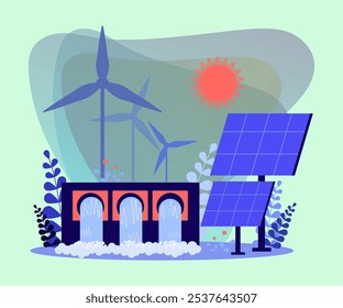 Ilustración vectorial de fuentes de energía renovables. Paneles de energía solar, turbinas eólicas, represas hidroeléctricas como alternativas a los combustibles fósiles. Estilo de vida verde, sostenibilidad, concepto de ecología