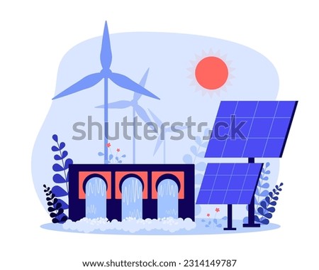 Renewable energy sources vector illustration. Solar power panels, wind turbines, hydroelectric dams as alternatives to fossil fuels. Green living lifestyle, sustainability, ecology concept