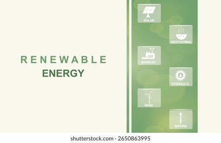 Renewable Energy Sources Vertical Icons Green Banner. Renewable energy infographic with solar, geothermal, biomass, hydraulic, wind and marine power icons on green banner. Vector illustration