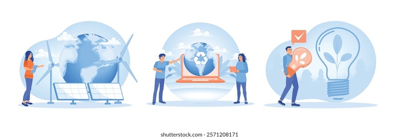 Renewable energy sources with wind turbines, solar panels, and globes. Environmental governance with renewable energy. Symbolizes green technology, innovation, and environmental sustainability.