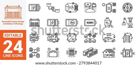 Renewable Energy Storage and Battery Technology Thin Line Icon Set. Vector Outline Icons for Green Power Grid, Electric Vehicle Charging, Solar Panels, and Hydrogen Fuel.