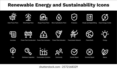 Renewable Energy and Sustainability Icons: A Comprehensive Set.