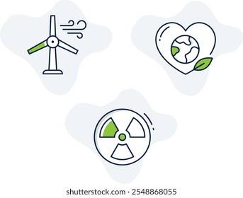 Ícones de energia renovável e sustentabilidade. Ilustração ecológica da terra, gráfico do coração sustentável, ícone da energia nuclear,