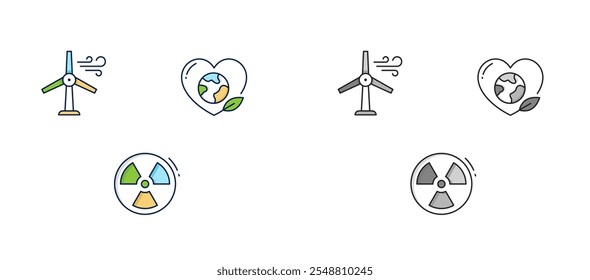 Ícones de energia renovável e sustentabilidade. Ícone de turbina eólica, símbolo de energia renovável, ilustração ecológica da terra, gráfico de coração sustentável, ícone de energia nuclear.