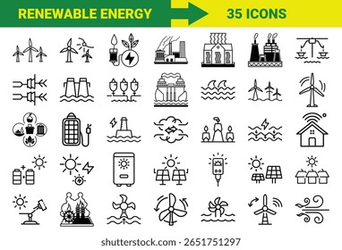 Renewable Energy and Sustainable Power Line Icons Bundle Featuring Solar, Wind, Hydro, Geothermal, Biomass, Energy Storage, Eco Power Plants, and Green Technology Symbols