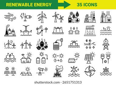 Renewable Energy and Sustainable Power Line Icons Bundle Featuring Solar, Wind, Hydro, Geothermal, Biomass, Energy Storage, Eco Power Plants, and Green Technology Symbols