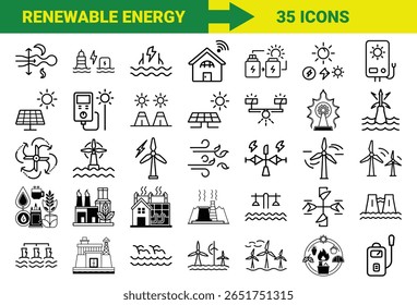 Renewable Energy and Sustainable Power Line Icons Bundle Featuring Solar, Wind, Hydro, Geothermal, Biomass, Energy Storage, Eco Power Plants, and Green Technology Symbols