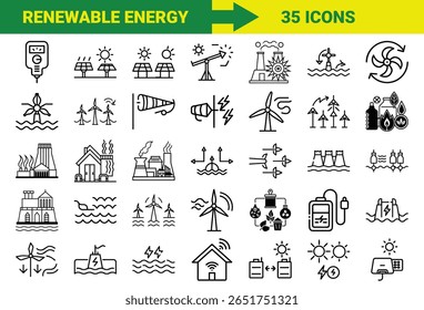 Renewable Energy and Sustainable Power Line Icons Bundle Featuring Solar, Wind, Hydro, Geothermal, Biomass, Energy Storage, Eco Power Plants, and Green Technology Symbols
