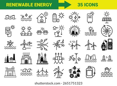 Renewable Energy and Sustainable Power Line Icons Bundle Featuring Solar, Wind, Hydro, Geothermal, Biomass, Energy Storage, Eco Power Plants, and Green Technology Symbols