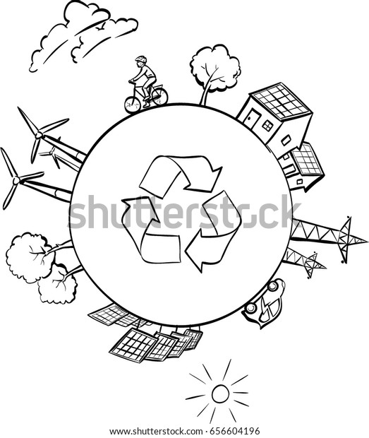 Renewable energy symbols arranged in\
a circle, wind and solar power plant, electric car, bicycle,\
sustainable world, clean energy, hand drawn vector illustration\
