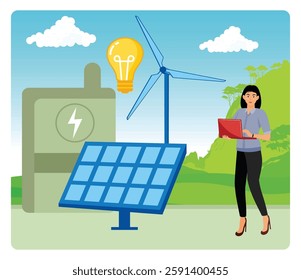  Renewable energy systems, including solar panel and wind turbine, amidst natural scenery, promoting sustainability and clean energy technology. Flat vector modern illustration 