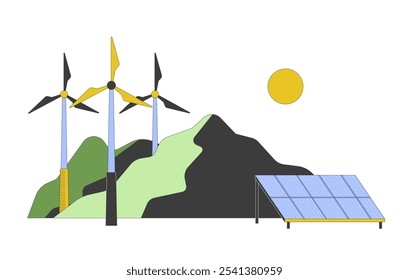 Ilustração plana do desenho animado de tecnologias de energia renovável. Energia eólica do parque eólico. Painel solar fotovoltaico. Cena 2D de geração de energia alternativa isolada em fundo branco. Imagem colorida vetorial