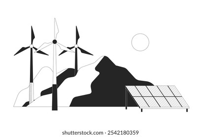 Renewable energy technologies linear illustration. Windfarm windenergy. Solar panel photovoltaic. Alternative power generation 2D line scene isolated on white. Monochrome vector outline image