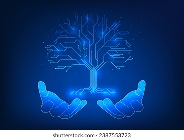 Tecnología de energía renovable Dos manos con un árbol que es un circuito tecnológico. Representa trabajar juntos para ayudar a preservar el medio ambiente mediante el uso de energía limpia y renovable.