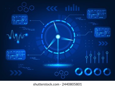 Molino de viento de tecnología de energía renovable que muestra el estado de los datos de almacenamiento de energía eléctrica. Es la conversión de la energía eólica para usar y transmitir electricidad para uso posterior en la ciudad.