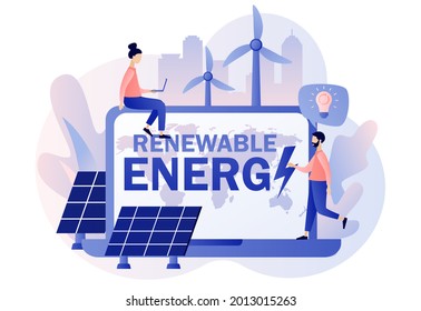 Renewable energy - text on laptop screen. Tiny people on Power plant with solar panels and windmills. Green energy concept. Eco Industry. Modern flat cartoon style. Vector illustration 