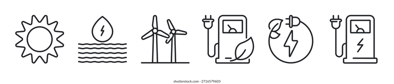 Conjunto de ícones de linha fina de Energia Renovável. Ícones mínimos da Web