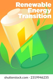 renewable energy transition concept. battery and leaf for green energy symbol.  vector illustration