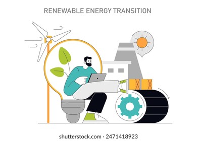 Renewable Energy Transition concept A man working on sustainable development with wind power and solar energy innovation Strategic shift to green resources Vector illustration