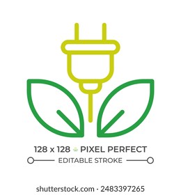 Renewable energy two color line icon. Power plug and leaves bicolor outline symbol. Alternative power. Eco friendly resource. Duotone linear pictogram. Isolated illustration. Editable stroke