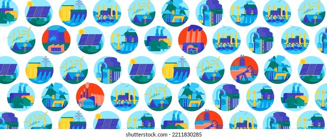 Tipos de energía renovable. Fuentes de generación de electricidad. Recursos de centrales hidroeléctricas y químicas. Patrón paisajístico. Afiche horizontal. Fondo vectorial aislado. Diseño gráfico