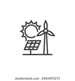 Renewable energy types line icon. Solar panel and wind turbine linear style sign for mobile concept and web design. Solar energy, wind power outline vector icon. Symbol, logo illustration. 