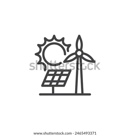 Renewable energy types line icon. Solar panel and wind turbine linear style sign for mobile concept and web design. Solar energy, wind power outline vector icon. Symbol, logo illustration. 