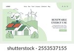 Renewable Energy Use concept. Sustainable living with solar panels and wind turbines. Clean energy, eco-friendly home, and green power generation. Vector illustration.