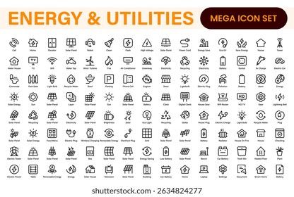 Pacote de Ícones de Energias Renováveis e Utilitários - Ilustrações de Linha Vetorial para Projetos de Energia Solar, Eólica, Elétrica, Energia Sustentável e Ambiental