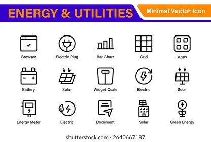 Renewable Energy and Utilities Icon Pack – Vector Line Illustrations for Solar, Wind, Electric Power, Sustainable Energy, and Environmental Designs