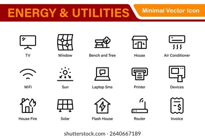 Renewable Energy and Utilities Icon Pack – Vector Line Illustrations for Solar, Wind, Electric Power, Sustainable Energy, and Environmental Designs