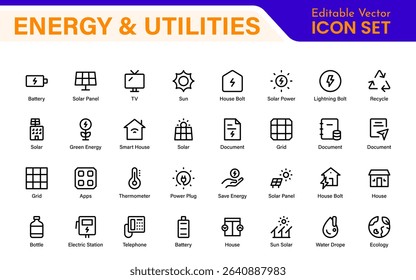 Renewable Energy and Utilities Icon Pack – Vector Line Illustrations for Solar, Wind, Electric Power, Sustainable Energy, and Environmental Designs