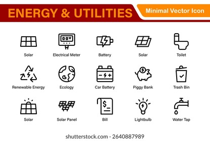 Renewable Energy and Utilities Icon Pack – Vector Line Illustrations for Solar, Wind, Electric Power, Sustainable Energy, and Environmental Designs