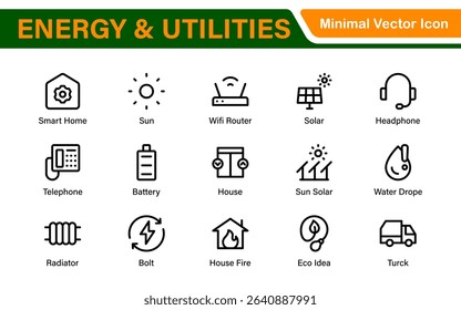 Renewable Energy and Utilities Icon Pack – Vector Line Illustrations for Solar, Wind, Electric Power, Sustainable Energy, and Environmental Designs