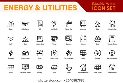 Renewable Energy and Utilities Icon Pack – Vector Line Illustrations for Solar, Wind, Electric Power, Sustainable Energy, and Environmental Designs