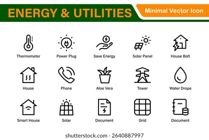 Renewable Energy and Utilities Icon Pack – Vector Line Illustrations for Solar, Wind, Electric Power, Sustainable Energy, and Environmental Designs